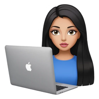 Glamours, tanned, very beautiful girl, with big pump peach-beige-rose lips, eyeliner, long long lashes, black straight smooth silky long hair, straight parting hair, blue-grey eyes with macbook sticker