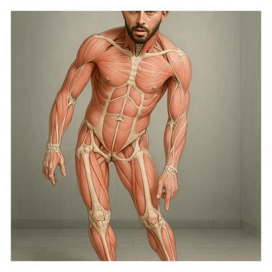 Hyperrealistic 4K anatomical view of a man in a similar position to the reference image. Knee valgus, tilted pelvis, pronated foot, muscles and joints highlighted, clinical atmosphere. Variant 7 with slightly changed leg position. sticker