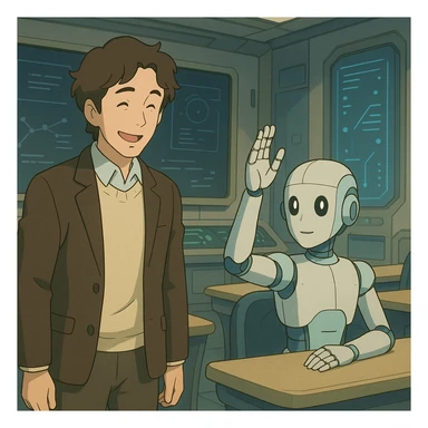 A human teacher smiling as an android student raises its hand to ask a question in a high-tech classroom sticker