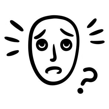 A face with a confused expression, furrowed brow, and a question mark sticker