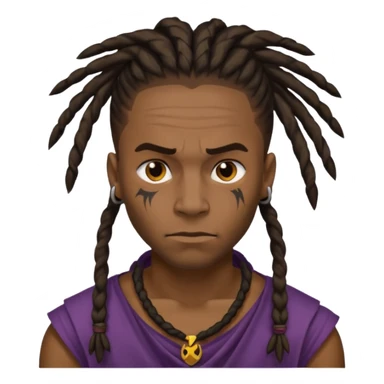 
1 black man, fierce face, scar on face, dreadlock hair tied back emoji
 sticker