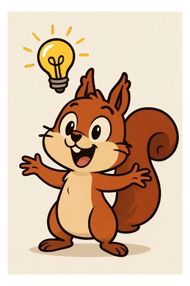 a squirrel with a lightbulb above its head, looking excited, cartoon style sticker