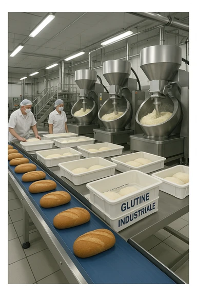 a modern food processing factory interior, with large stainless steel machines mixing and kneading dough. In the foreground, a conveyor belt carries loaves of bread and trays of raw gluten, labeled “Glutine industriale” Workers in uniforms and hairnets monitor the process. The atmosphere is clean, efficient, and slightly clinical. sticker
