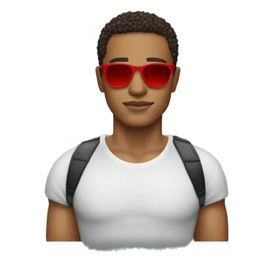 Lightskin man with a red shirt Versace sunglasses and a shape up sticker