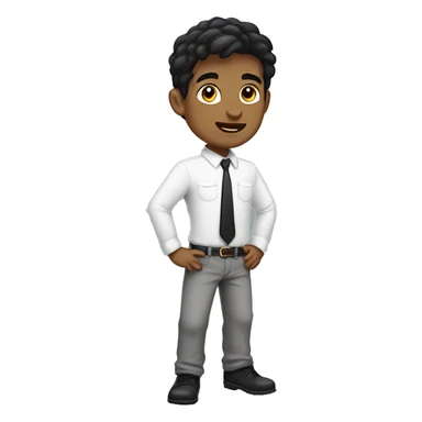A boy with black hair, a white shirt and grey pants is looking good. sticker