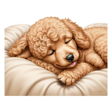 Meme-Worthy Cute Sleeping Apricot Poodle Portrait Emoji, Head resting peacefully with a contented smile, showcasing a delightfully elegant build and a luxuriously soft, curly apricot Fur, eyes shut in a serene nap, Simplified yet hilariously adorable features, highly detailed, glowing with a soft, drowsy light, high shine, relaxed and utterly lovable, stylized with an air of playful laziness, bright and heartwarming, soft glowing outline, capturing the essence of a comically sleepy companion, so meme-worthy it feels like it could instantly become the next viral sensation of adorable slumber! sticker