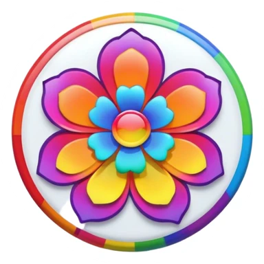 A round psychedelic colored button with bezeled edges and a rainbow colored flower in the center sticker