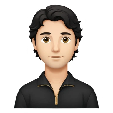 Caucasian man with black wavy hair wearing a loose-fitting long sleeve black shirt with collar and zip to the chest sticker