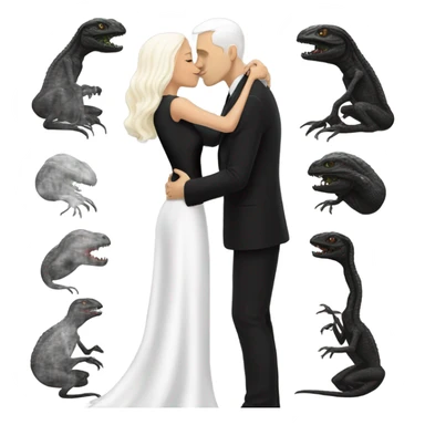White man in black dress hugs and kissing Alien reptilian woman in white dress  sticker