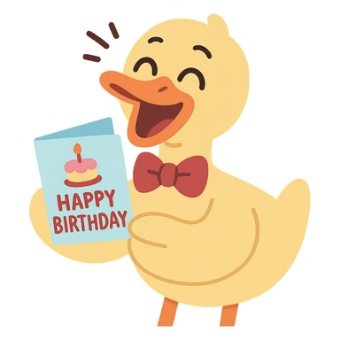laughing duck with bowtie holding birthday card, flawless and visually perfect, no imperfections, pastel-toon style sticker