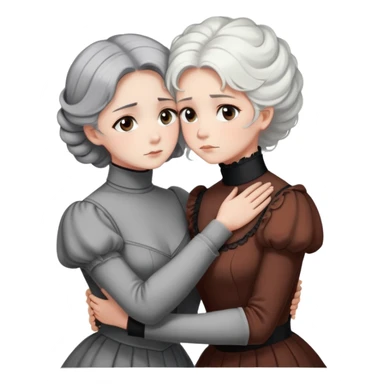 Two Victorian women with grey eyes in a sad, intimate hug. One has bright white coiffed hair, one has dark copper coiffed hair. Both wearing Victorian turtleneck dresses with arms tightly around each other. sticker