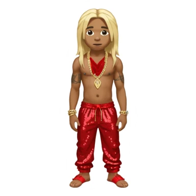 Lil Wayne with long blonde hair, red sequin baggy pants, shirtless with necklace sticker