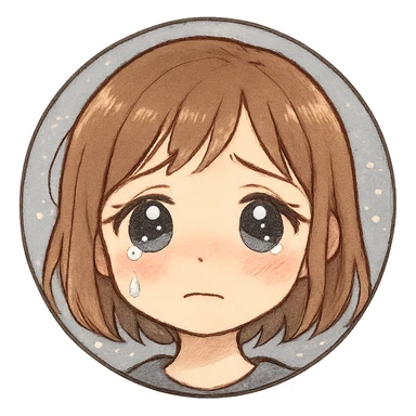 sad anime-style girl emoji, glossy teary eyes, one tear, blushing cheeks, pastel blue-gray sparkly background, soft, emotional, sensitive style sticker