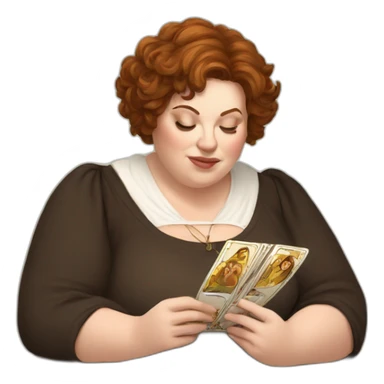 White big Woman, brown eyes, with short brown messy hair reading tarot card on a table sticker