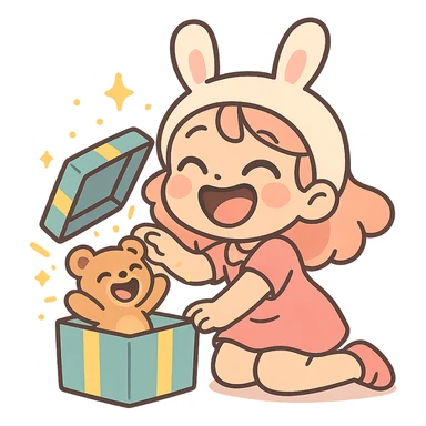 laughing chibi cute girl with a bunny hat unwrapping a magical glitter gift box with a small laughing teddy bear inside the gift box, full body, clean and polished, no imperfections, pastel-toon style sticker