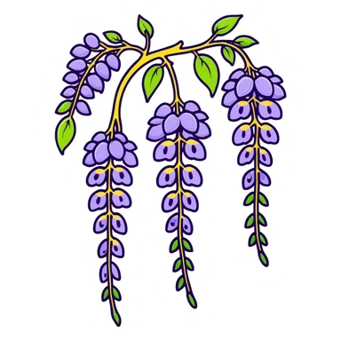 Decorative wisteria flower with elegant drooping clusters of purple blossoms and small bright green leaves sticker