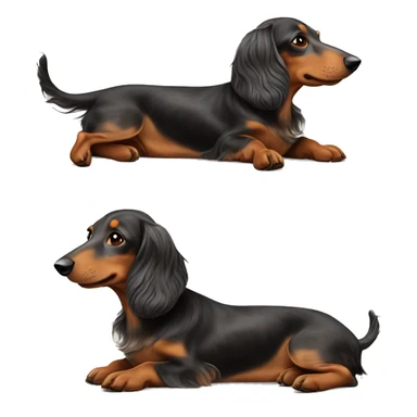 Laying On his back. Long haired dapple dachshund, tan, gray & black. Full body  sticker