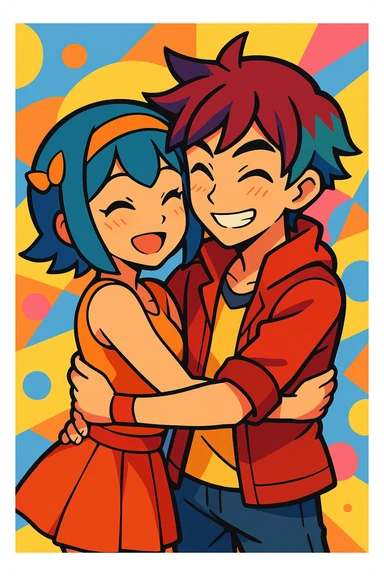 Lana and Kieran as a couple, hugging, in a vibrant anime-inspired style sticker