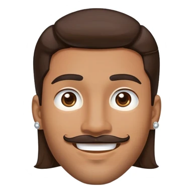 Apple-style cartoon emoji of a floating head only, young man with medium brown skin, mixed-race ethnicity, long dark brown hair with PERFECT MIDDLE PART exactly centered, mustache separated from goatee, medium brown eyes, small diamond stud earrings, absolutely no neck or shoulders visible sticker