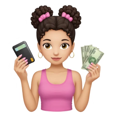 Uma menina com o cabelo cacheado com um Coque morena, e com uma regata rosa com unha em gel, é com Baby hair ,e com dinheiro na mão , sticker