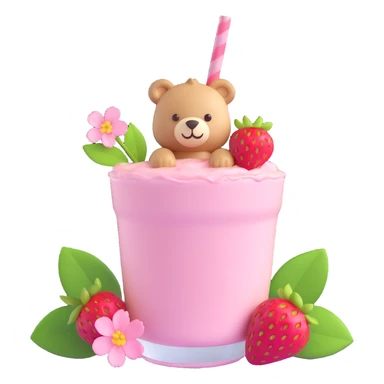 A strawberry milkshake cup with a straw, a cute bear peeking out, two strawberries with green leaves, and pink cherry blossom flowers, in 3D iOS style, pastel colors, soft shadows, clean and minimalistic design sticker