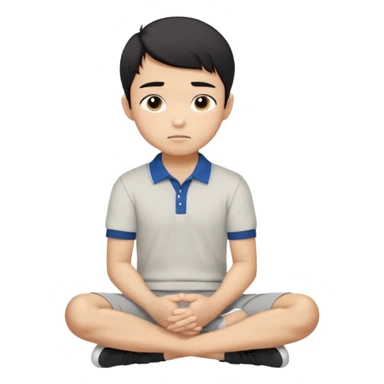 Cartoon Asian boy sitting cross-legged, clearly resting his closed fist against his cheek, looking thoughtful with a slight smirk. White polo, gray pants, black shoes, large eyes, short black hair. Clean vector style, flat colors, black background. sticker