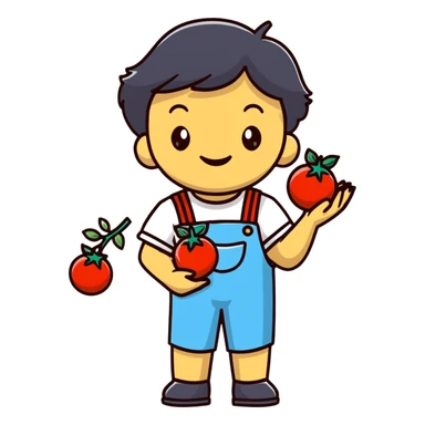 Child gardener with ribbon and prize tomatoes sticker