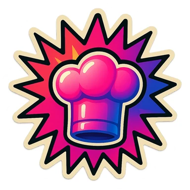 chef's hat, lot of colors explosions, playful and modern with gradient FF4D67, 9D34FF gradient, border black, vibrant, matching image reference  sticker