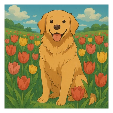 golden retriever surrounded by tulips in ghibli style sticker
