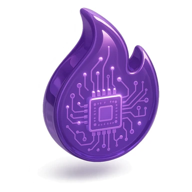 stylized purple flame, glowing, glossy circuit board details sticker