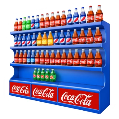3D warehouse shelf with Coca-Cola, Pepsi, Fanta bottles and sticker