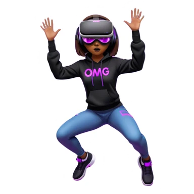 brown haired girl with a bob girl wearing black hoody with violet letters "OMG", in vr headset oculus quest2. jumping. Cyberpunk style. Violet neon. sticker
