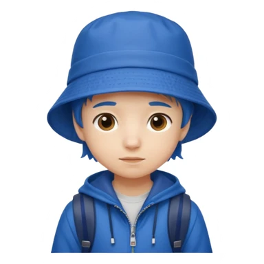 Little student wears blue bucket hat and jacket, backpack, shy sticker