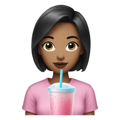 23 years old woman with Black short hair an blue eyes holding a pink bubble tea sticker