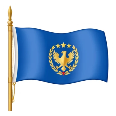 Hazme la bandera blanca con una franja azul de punta izquierda arriba a punta derecha abajo con un escudo en medio de la bandera de colores dorados sticker