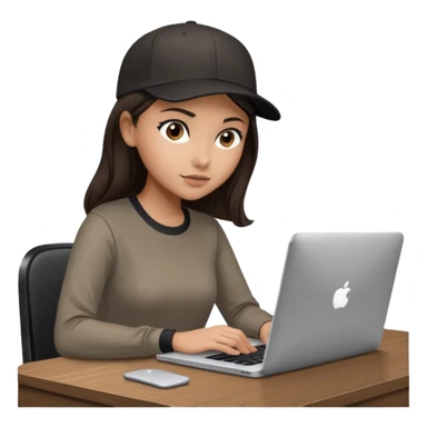 A professional 3D avatar of a young woman with olive skin and long, dark brown hair, wearing a dark, long-sleeved classy taupe shirt and a black baseball cap. She's sitting at a sleek wooden desk, typing and looking at a silver MacBook.  sticker