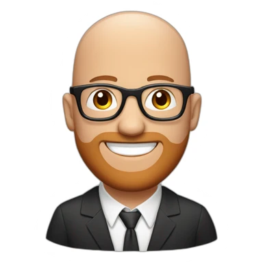 bald man, blue eyes, smiling with red patchy beard, wearing black framed glasses, wearing big black headphones sticker