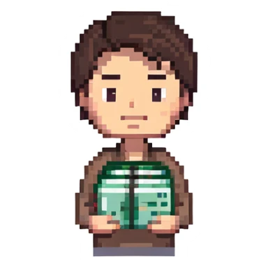 dark brown haired guy with a round face, disappointed expression, holding a stack of cash sticker