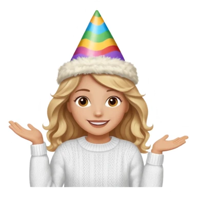 A pretty white girl with hazel brown eyes and long brown and blonde wavy hair in a cosy white knit sweater, she is celebrating her birthday and is happy sticker