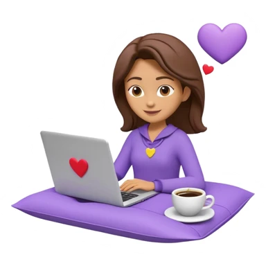 3D clay character relaxed with laptop and coffee, floating icons (envelope, heart, dollar), purple (#8B5CF6) outfit, bright yellow (#FBBF24) icons, white laptop, Pixar style, transparent background sticker