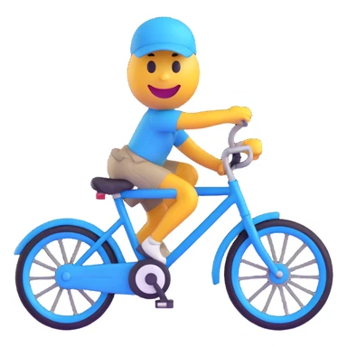 3D smiley emoji, round shape, student arriving by bicycle, blue color, sporty face sticker