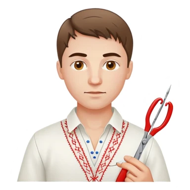 Ukrainian young man in a white embroidered traditional shirt holding a red thread with a needle and pliers sticker
