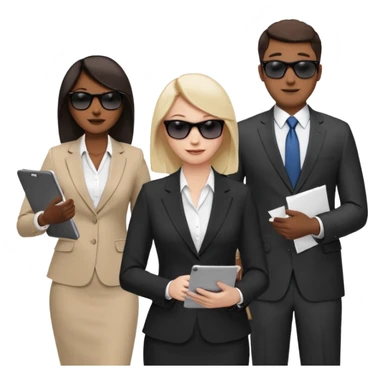 Команда в деловых костюмах из трёх человек. на переднем палне Мужчина впереди общается по смартфону, дальше женщина слева стоит с ноубуком, мужчина справа держит бумаги. У всех людей разные, но позитивные эмоции. Все троя в солнцезащитных очках sticker