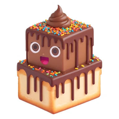 Rectangular chocolate mini pastry, messy chocolate dripping, sprinkles flying, surprised eyes, open mouth, text above: "ПАСТИЧКА", chibi style, Twitch emoji style, transparent background, colorful
 sticker
