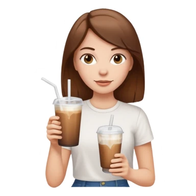 A white girl with brown hair and wearing a white tee holding an ice coffe sticker