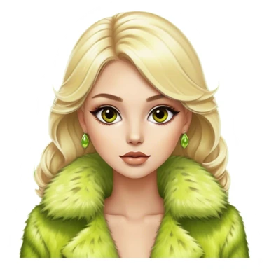 Blonde model with brown eyes, lime green fur coat, luxury makeup sticker