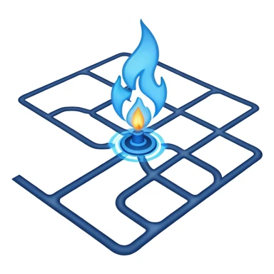 a map with a glowing blue flame on the x and networking paths sticker