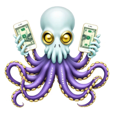 Intimidating octopus with pearl black skin, neon suction cups. Evil glaring eyes. Wearing white face mask and thick gold chain. 2 tentacles are holding their own cellphone, 2 more tentacles are holding stacks of money. sticker