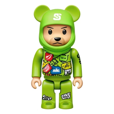 bearbrick toy with cubic head wearing a lime green balaclava covered in multiple street brand logos like Supreme, Nike, Adidas, Off-White in graffiti style, chaotic and adventurous logo placement, expressive eyebrows sticker