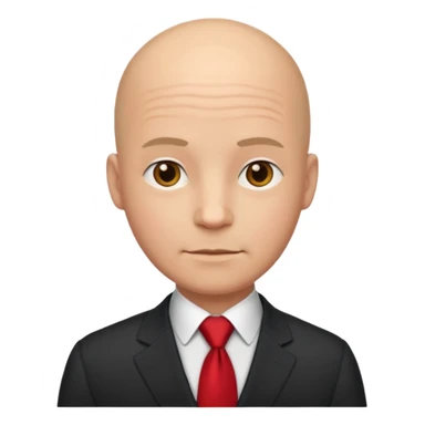 a bald man in a suit with a red tie sticker